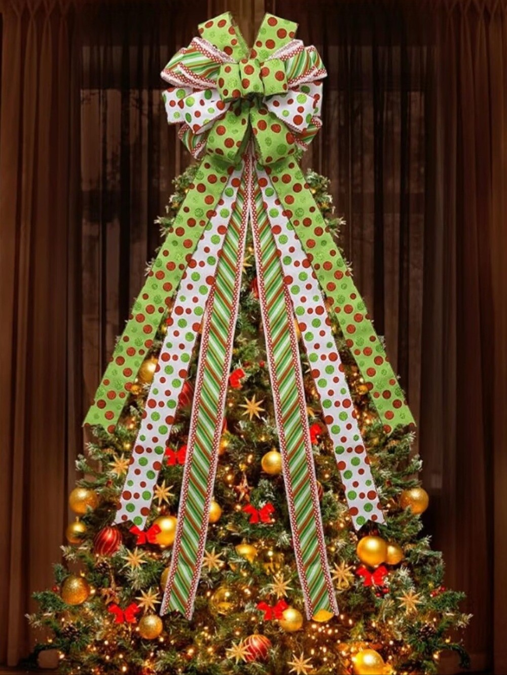Festive Green & White Polka Dot Holiday Tree Topper Bow. NWT.